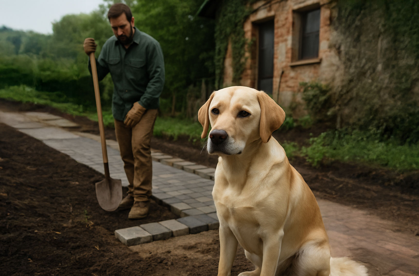Labrador-und-Grtner-auf-Baustelle