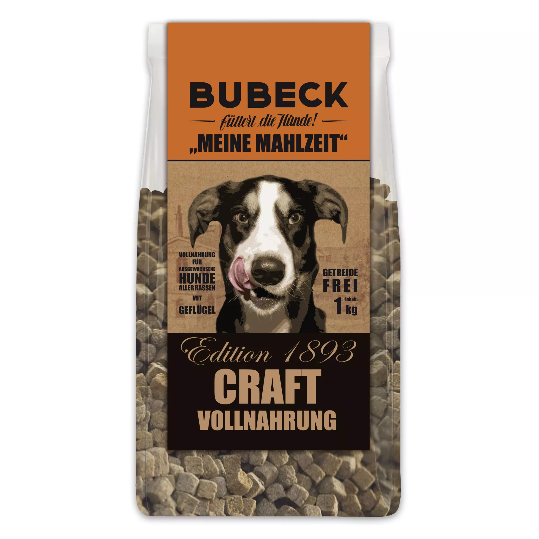 Bubeck Hundefutterverpackung 1kg Plastikbeutel mit Klappkarte Adult Rezeptur mit Kartoffel und Geflügel Meine Mahlzeit Geflügel