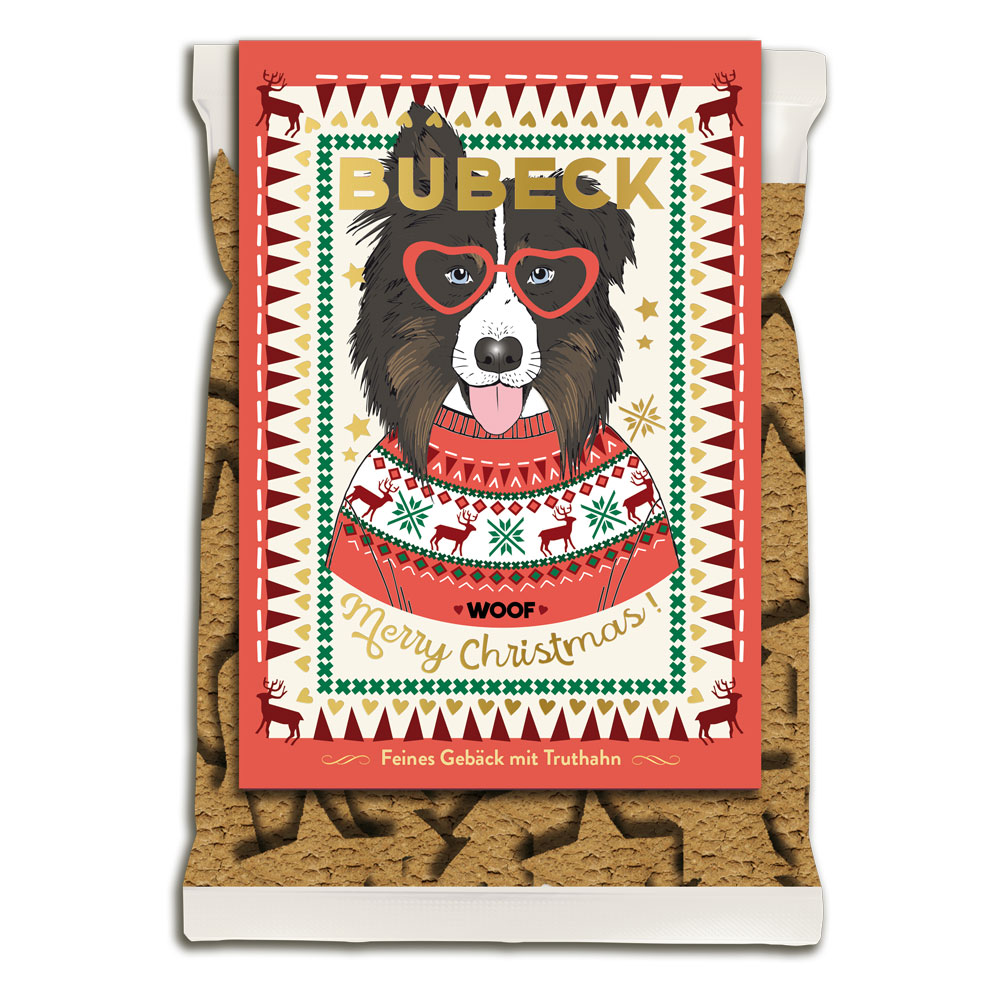 Bubeck Hundekuchenverpackung 210g Bubeck Weihnachtskekse - Motiv: Australian Shepherd