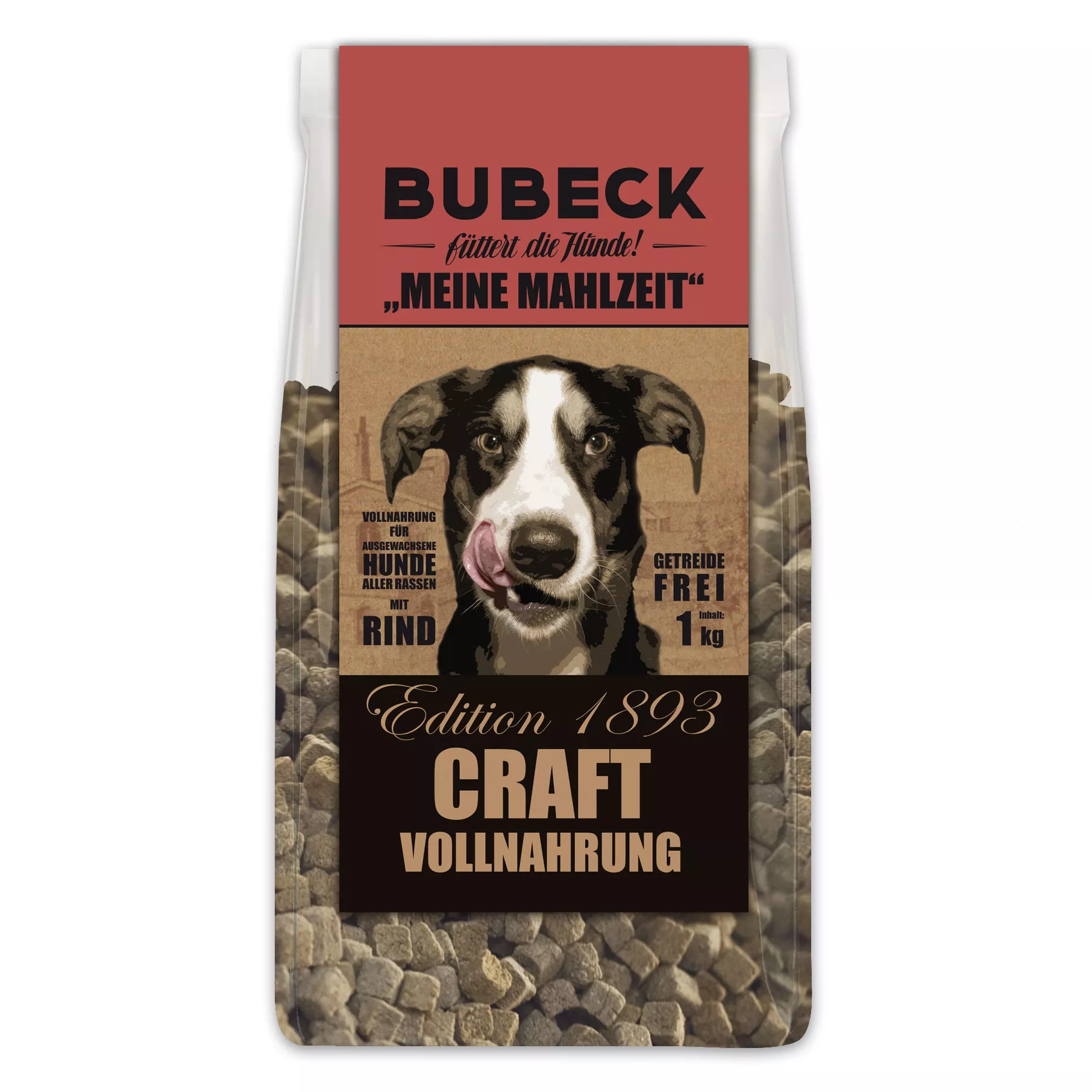 Bubeck Hundefutterverpackung 1kg Plastikbeutel mit Klappkarte Adult Rezeptur mit Kartoffel und Rind Meine Mahlzeit Rind